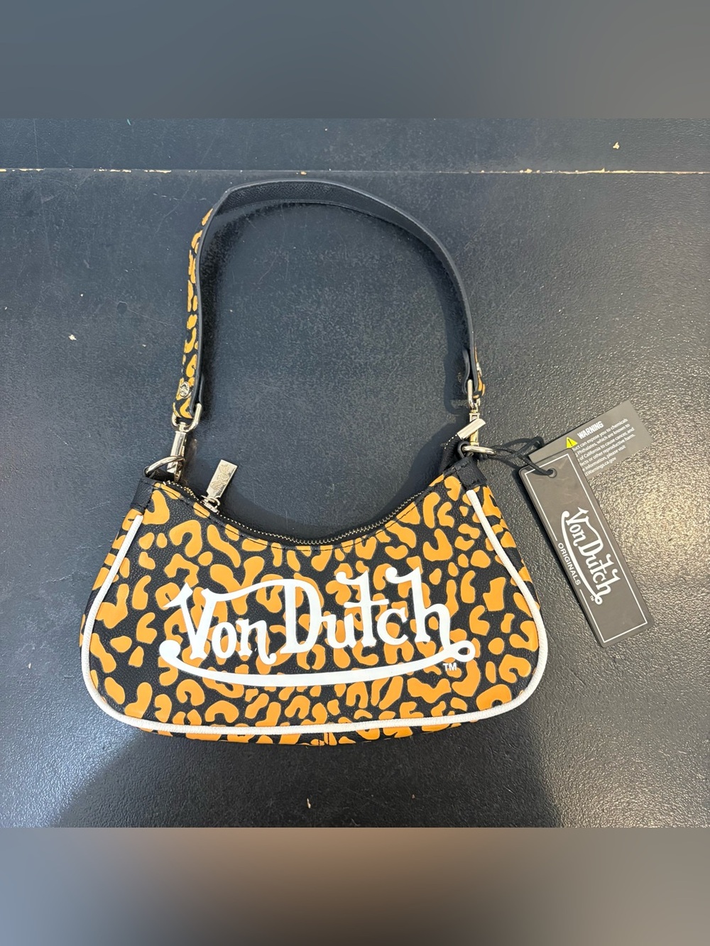 Von Dutch Orange Cheetah Black Animal Print Crescent Shoulder Bag Zip Chain